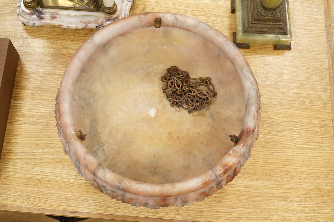 A carved alabaster ceiling shade, 39cm in diameter